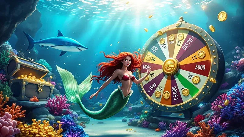 Layar permainan tembak ikan dengan target bergerak dan efek bawah laut